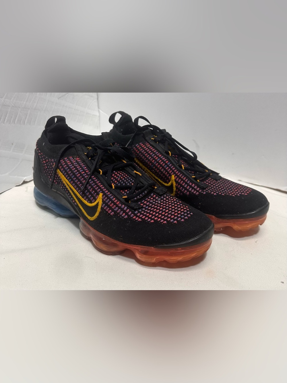 Nike Air Mens Vapormax Flyknit Multicolor Knit Sneakers with Yellow Swoosh